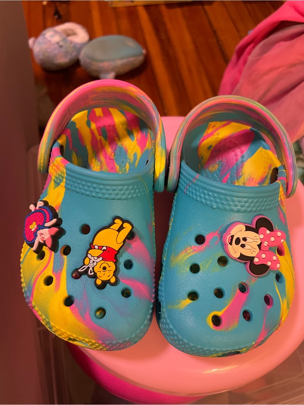 CROCS Kids Tie-Dye Blue Yellow Pink Slip-On Clogs with Character Charms - Picture 2 of 5